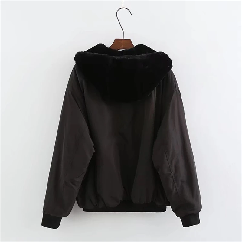 KEYANKETIAN Ladies Reversible Bomber Jacket Female Winter Faux Fur Panel Loose Hooded Zip Jacket Solid Mid Length Casual Top