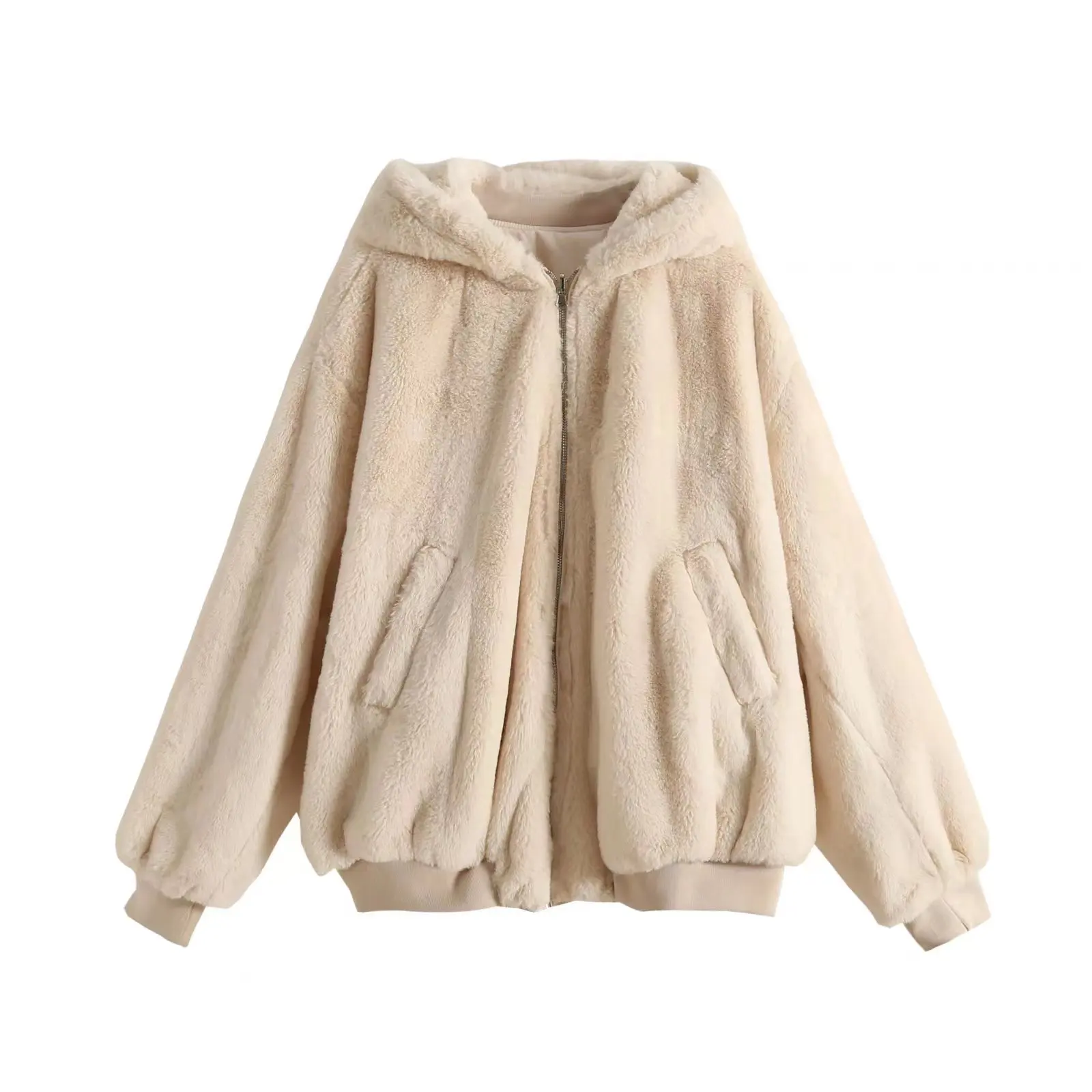 KEYANKETIAN Ladies Reversible Bomber Jacket Female Winter Faux Fur Panel Loose Hooded Zip Jacket Solid Mid Length Casual Top