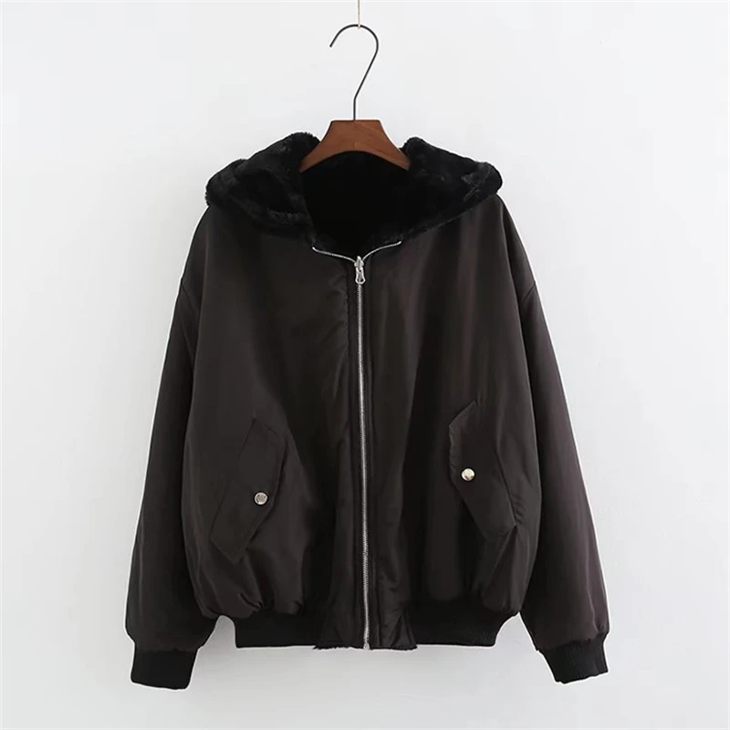 KEYANKETIAN Ladies Reversible Bomber Jacket Female Winter Faux Fur Panel Loose Hooded Zip Jacket Solid Mid Length Casual Top