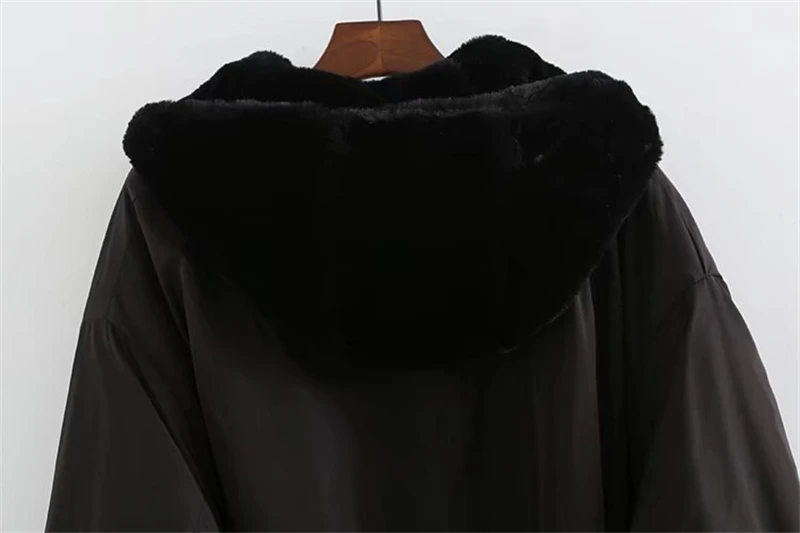 KEYANKETIAN Ladies Reversible Bomber Jacket Female Winter Faux Fur Panel Loose Hooded Zip Jacket Solid Mid Length Casual Top