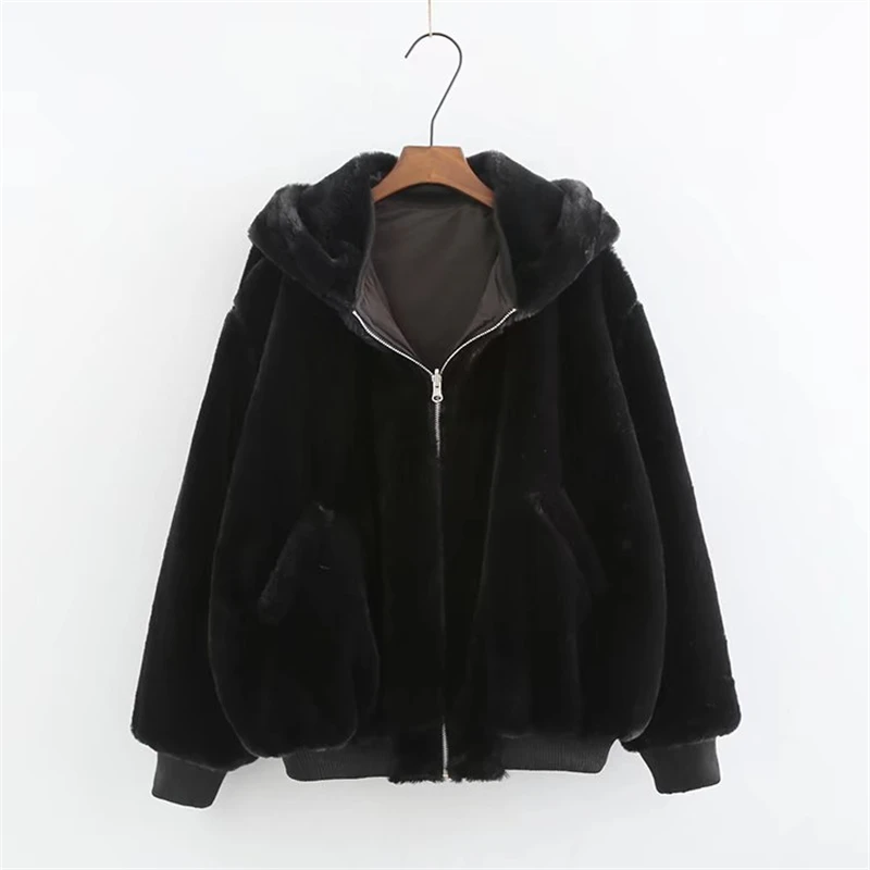 KEYANKETIAN Ladies Reversible Bomber Jacket Female Winter Faux Fur Panel Loose Hooded Zip Jacket Solid Mid Length Casual Top