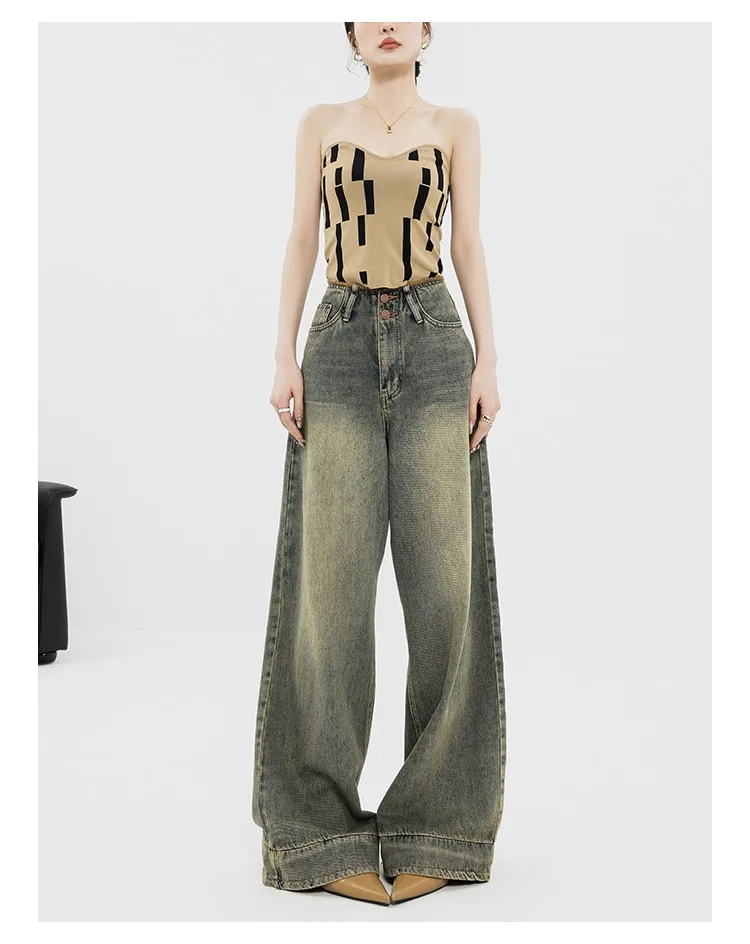 Women Vintage Streetwear Baggy Korean Jeans High Waiste Oversize Wide Leg Pants Grunge Denim Trousers Alt Clothes