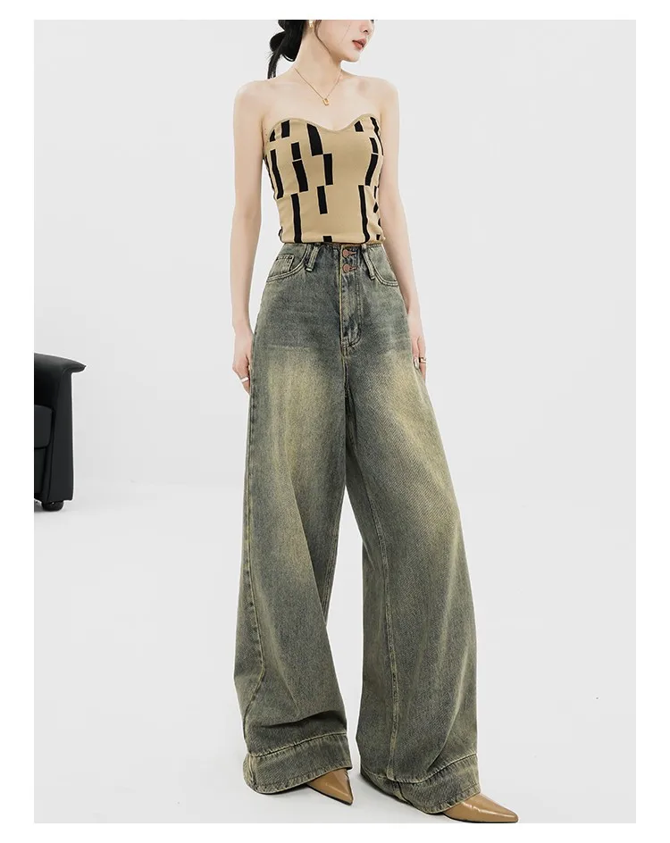 Women Vintage Streetwear Baggy Korean Jeans High Waiste Oversize Wide Leg Pants Grunge Denim Trousers Alt Clothes