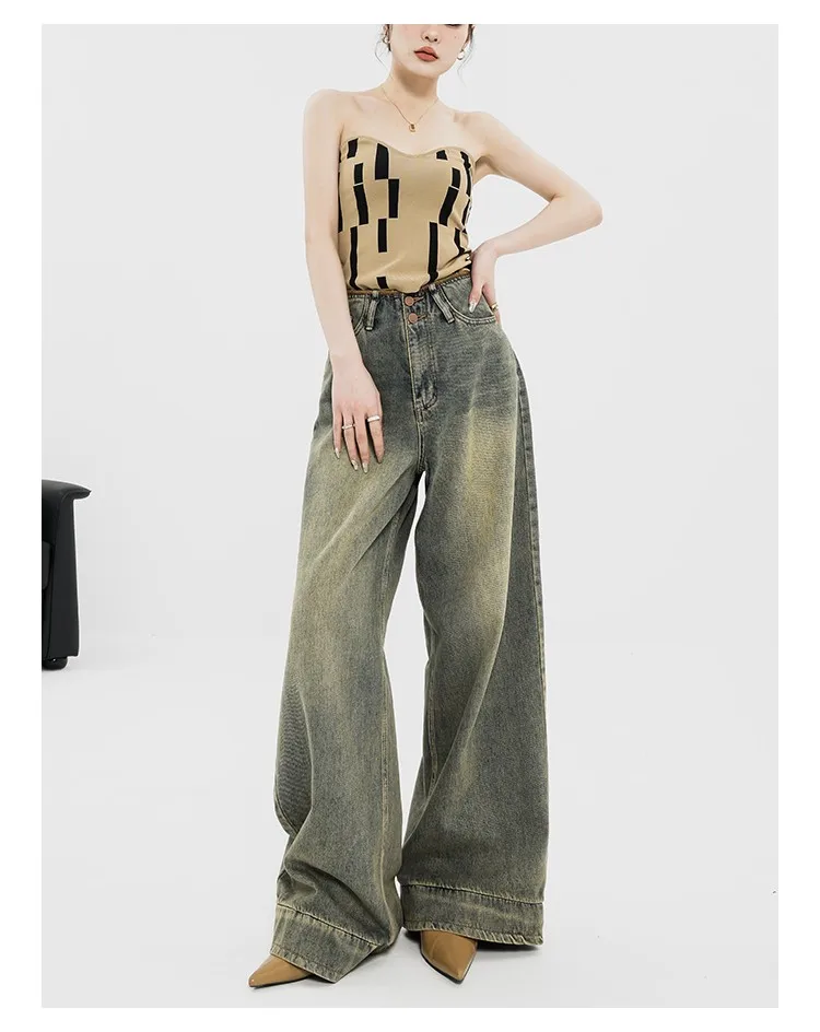 Women Vintage Streetwear Baggy Korean Jeans High Waiste Oversize Wide Leg Pants Grunge Denim Trousers Alt Clothes