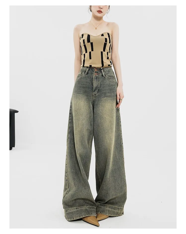 Women Vintage Streetwear Baggy Korean Jeans High Waiste Oversize Wide Leg Pants Grunge Denim Trousers Alt Clothes