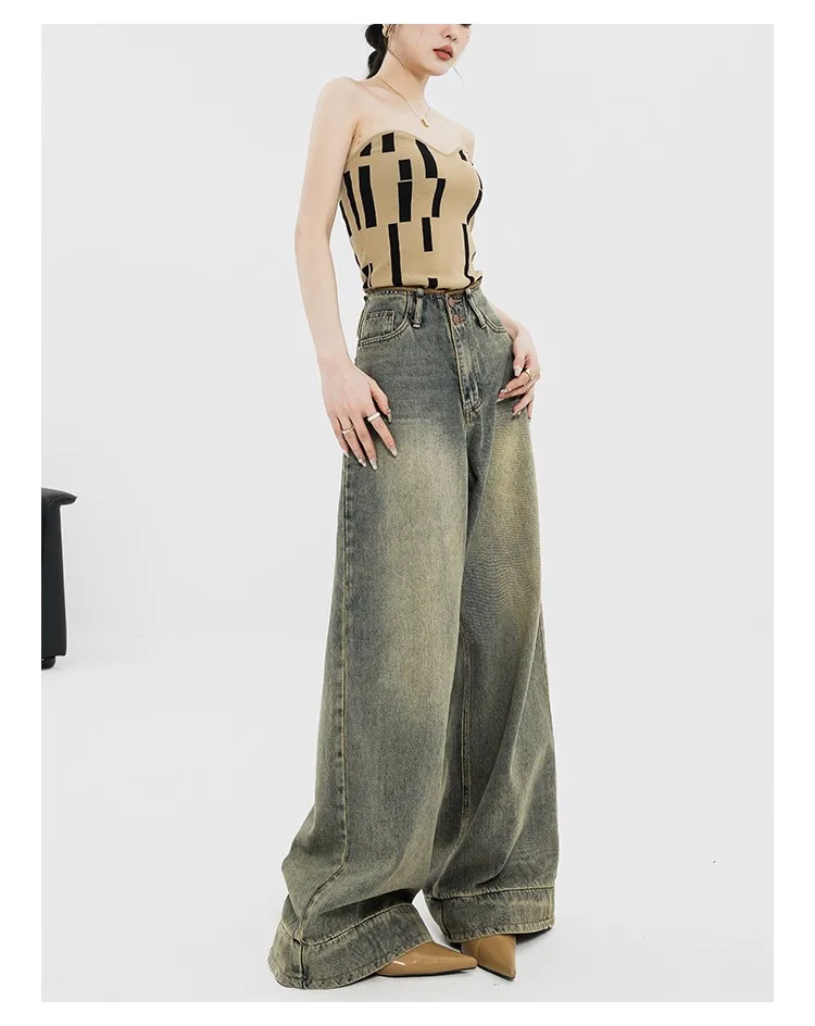 Women Vintage Streetwear Baggy Korean Jeans High Waiste Oversize Wide Leg Pants Grunge Denim Trousers Alt Clothes