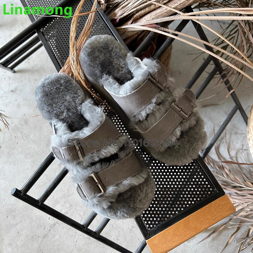 Furry Flat With Winter Slippers For Female Women 2024 New Round Toe Buckle Design Outside Casual Thick Sole Fashion Warm Shoes