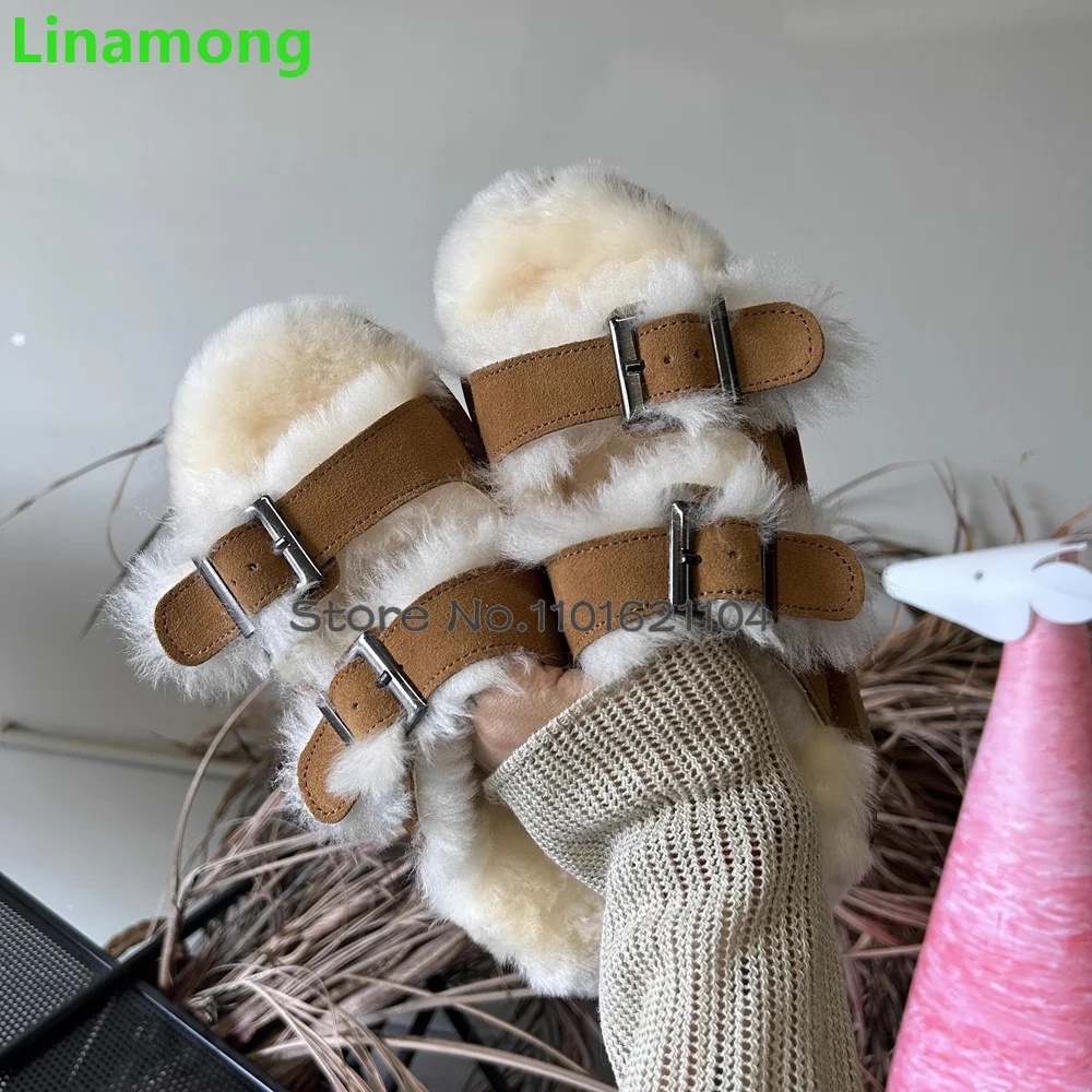 Furry Flat With Winter Slippers For Female Women 2024 New Round Toe Buckle Design Outside Casual Thick Sole Fashion Warm Shoes