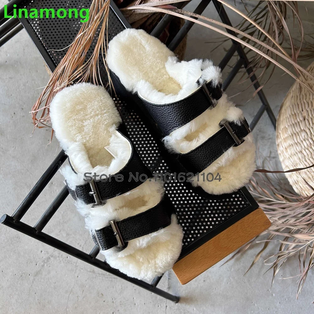 Furry Flat With Winter Slippers For Female Women 2024 New Round Toe Buckle Design Outside Casual Thick Sole Fashion Warm Shoes
