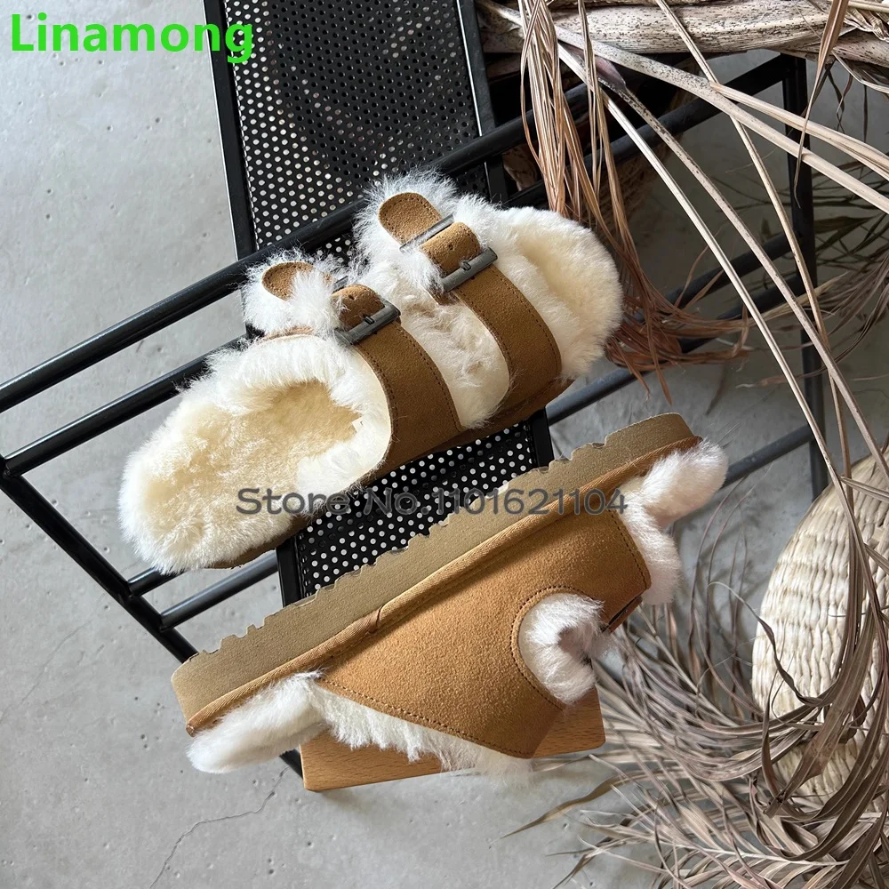 Furry Flat With Winter Slippers For Female Women 2024 New Round Toe Buckle Design Outside Casual Thick Sole Fashion Warm Shoes