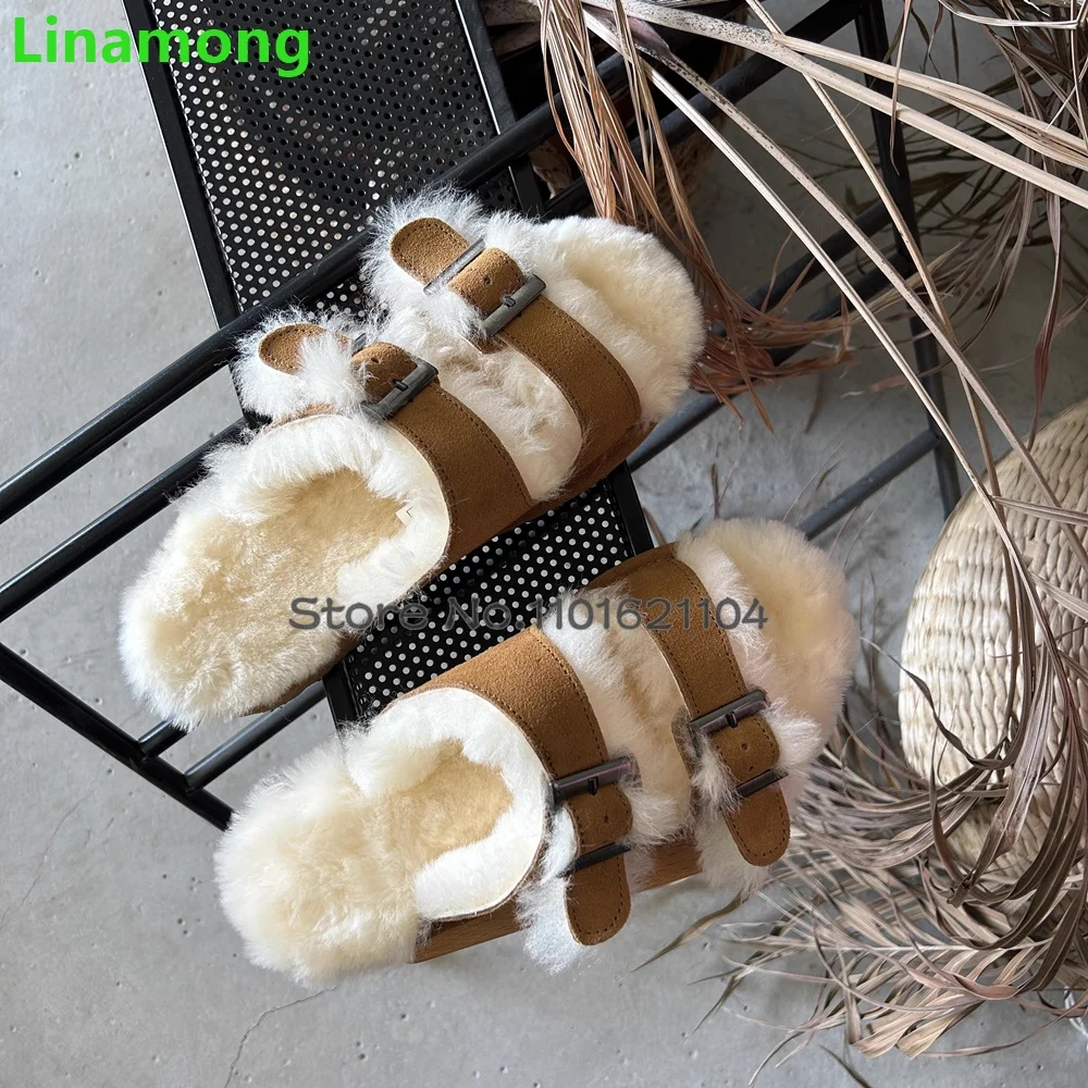 Furry Flat With Winter Slippers For Female Women 2024 New Round Toe Buckle Design Outside Casual Thick Sole Fashion Warm Shoes