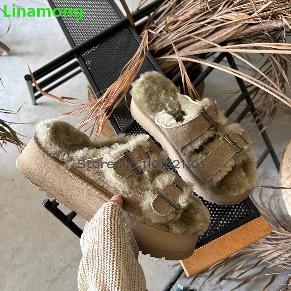 Furry Flat With Winter Slippers For Female Women 2024 New Round Toe Buckle Design Outside Casual Thick Sole Fashion Warm Shoes
