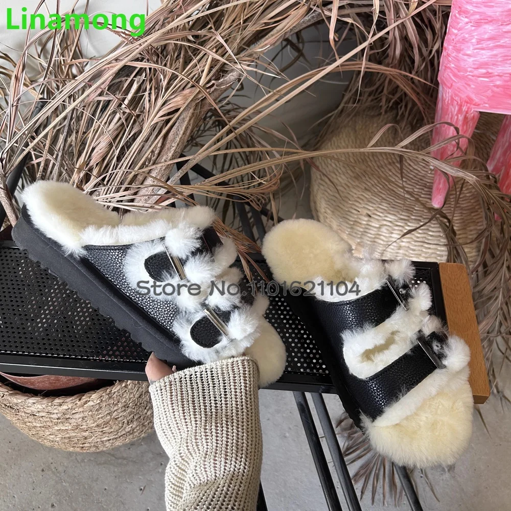Furry Flat With Winter Slippers For Female Women 2024 New Round Toe Buckle Design Outside Casual Thick Sole Fashion Warm Shoes