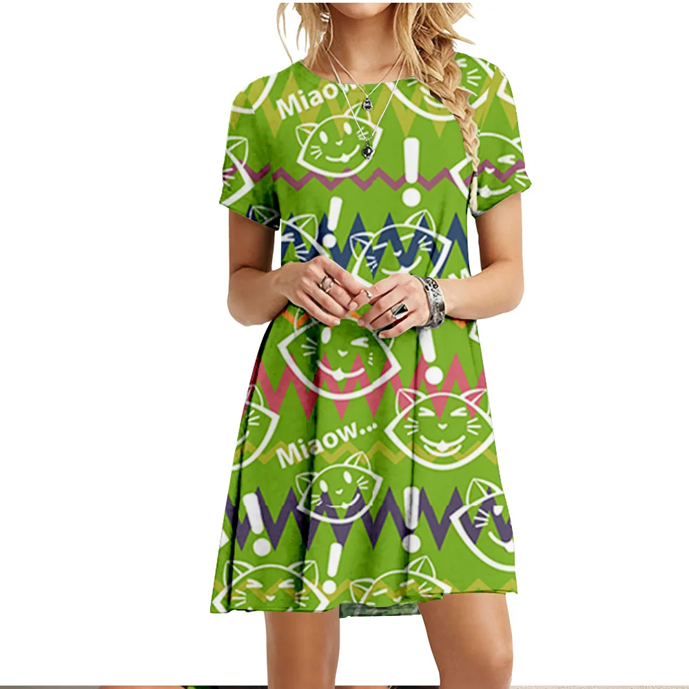 Cute Fashion Cartoon Cats Dresses For Women 2022 Short Sleeve Summer Loose Clothing Oversized Street Casual Pattern Print Dress