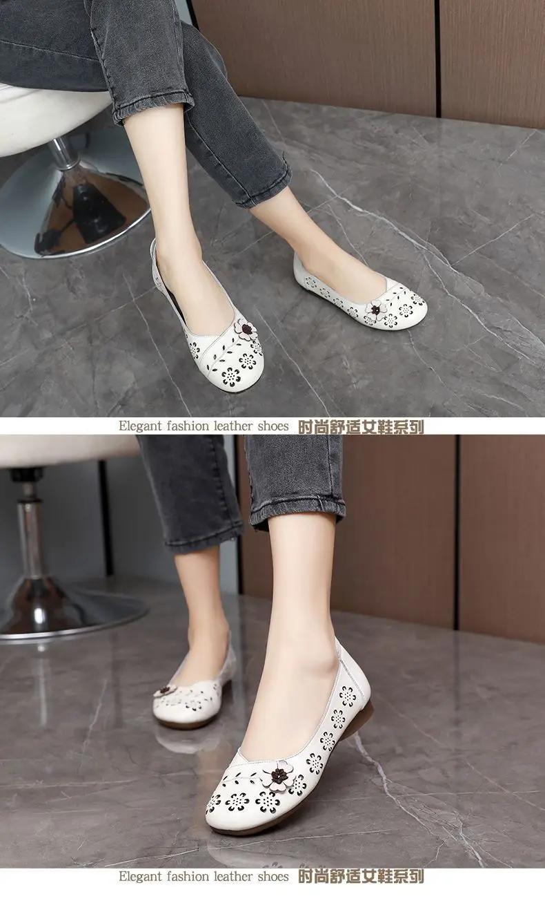 Fashion White Cutout Shallow Flats Woman Designer Floral Hollows Summer Flat Shoes for Women 2023 Casual Leather Loafers
