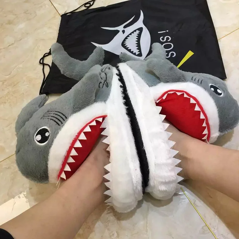 Funny Fuzzy Shark Slippers Men Women Free Size Winter Indoor Cotton Shoes Girls Adult Fluff Animal Slippers House Shoes Fish