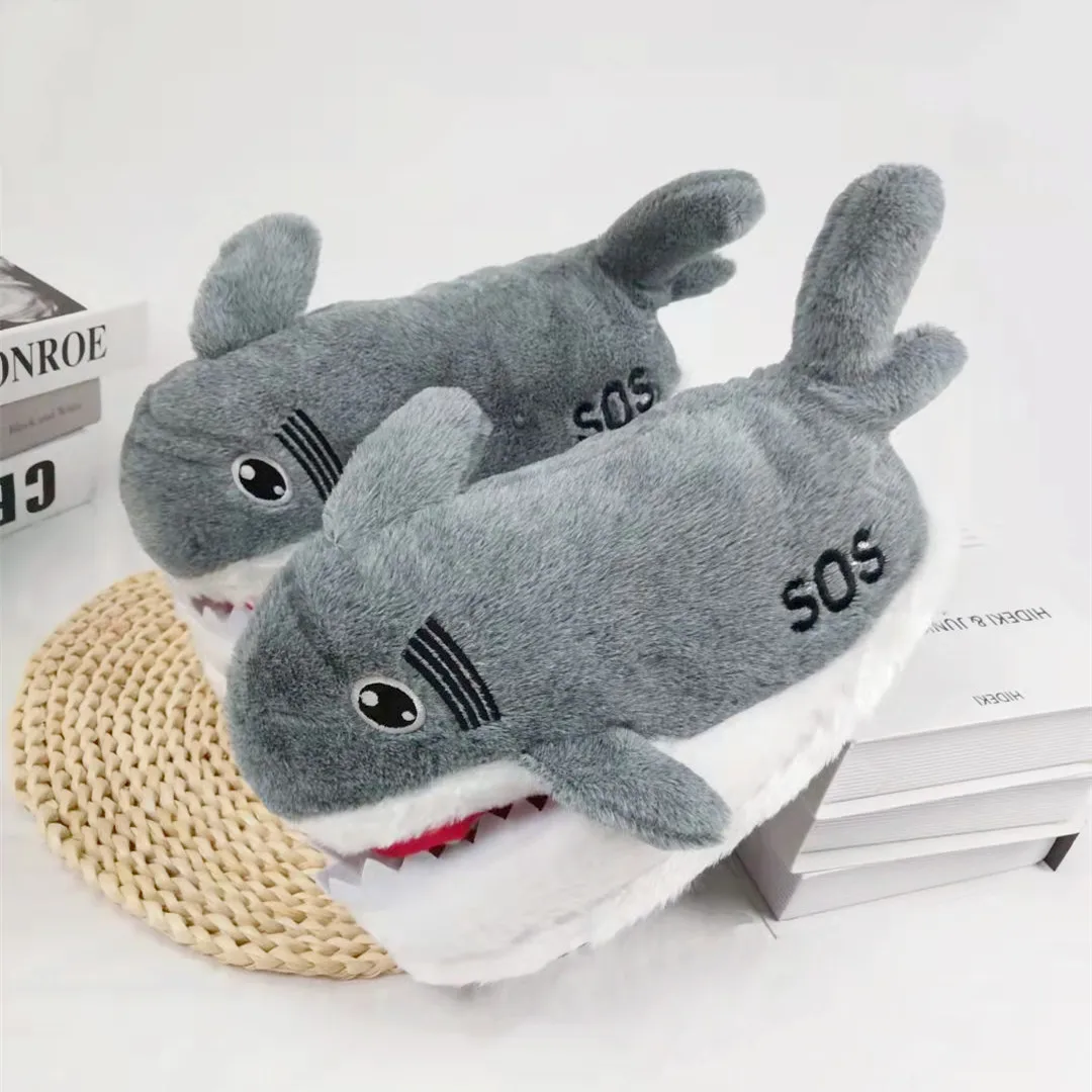 Funny Fuzzy Shark Slippers Men Women Free Size Winter Indoor Cotton Shoes Girls Adult Fluff Animal Slippers House Shoes Fish