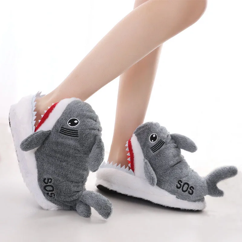Funny Fuzzy Shark Slippers Men Women Free Size Winter Indoor Cotton Shoes Girls Adult Fluff Animal Slippers House Shoes Fish