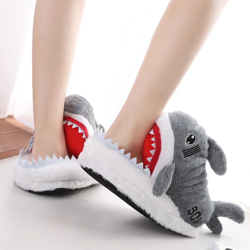 Funny Fuzzy Shark Slippers Men Women Free Size Winter Indoor Cotton Shoes Girls Adult Fluff Animal Slippers House Shoes Fish