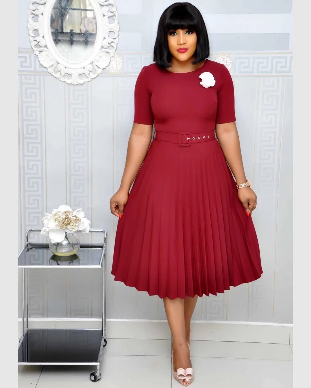 Summer Plus Size Pleated S-5Xl Dress Ladies O-Neck Short Sleeve Solid With Belt Mid-Calf Office Lady Elegant Dresses For Women