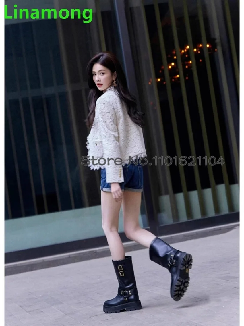 Black Metal Buckle Thick Sole Boots For Female Women 2024 Newest Round Toe Slip-on Solid Luxury Elegant Leather Fabric Shoes