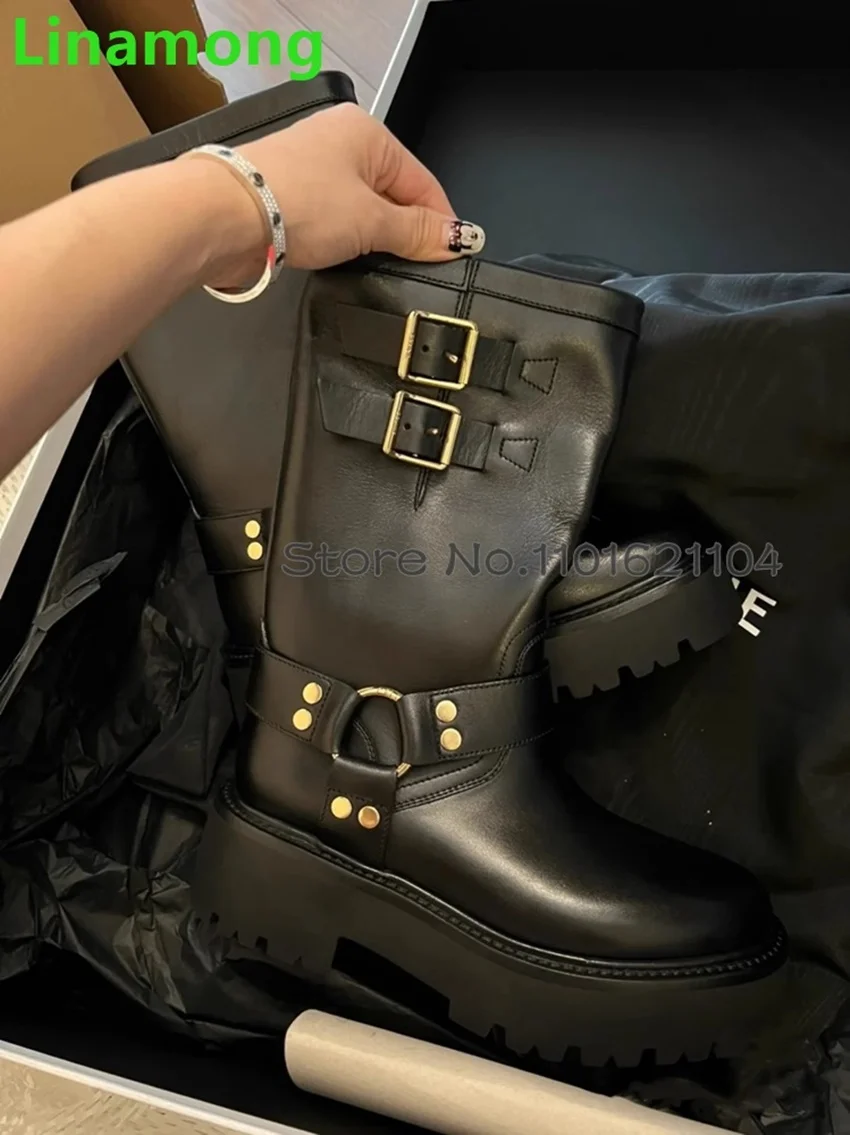 Black Metal Buckle Thick Sole Boots For Female Women 2024 Newest Round Toe Slip-on Solid Luxury Elegant Leather Fabric Shoes