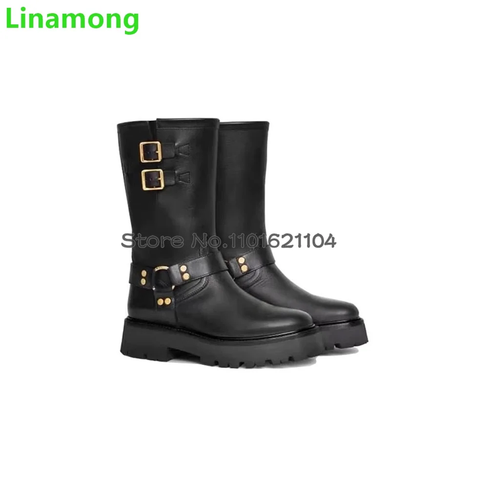 Black Metal Buckle Thick Sole Boots For Female Women 2024 Newest Round Toe Slip-on Solid Luxury Elegant Leather Fabric Shoes