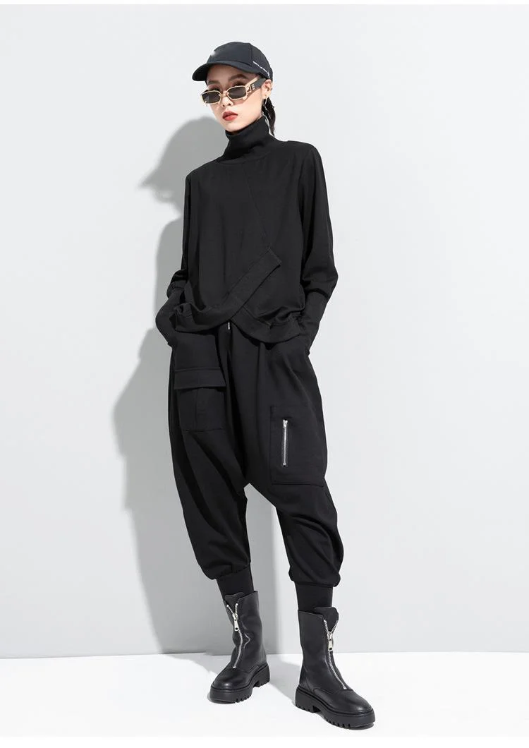 Amaxl UluE European Fashion 2024 Autumn Womens Black Turtleneck Design Tops Ladies Punk Casual Tee Shirts Loose Cotton Clothes