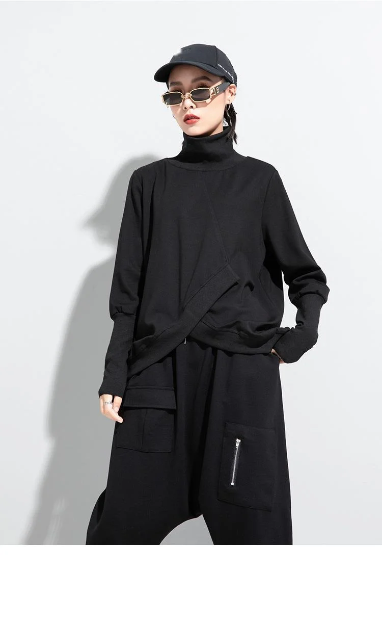 Amaxl UluE European Fashion 2024 Autumn Womens Black Turtleneck Design Tops Ladies Punk Casual Tee Shirts Loose Cotton Clothes