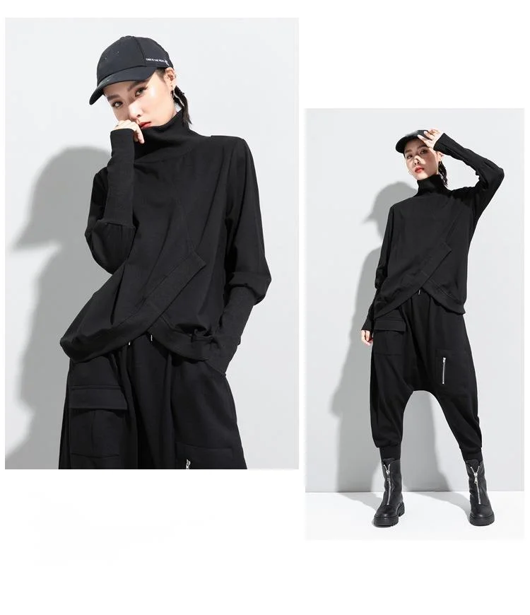 Amaxl UluE European Fashion 2024 Autumn Womens Black Turtleneck Design Tops Ladies Punk Casual Tee Shirts Loose Cotton Clothes