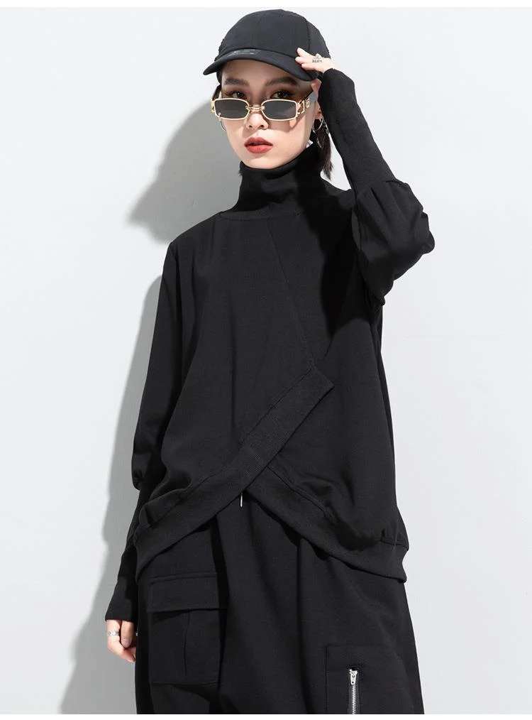 Amaxl UluE European Fashion 2024 Autumn Womens Black Turtleneck Design Tops Ladies Punk Casual Tee Shirts Loose Cotton Clothes