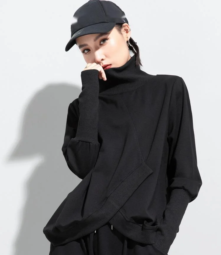 Amaxl UluE European Fashion 2024 Autumn Womens Black Turtleneck Design Tops Ladies Punk Casual Tee Shirts Loose Cotton Clothes