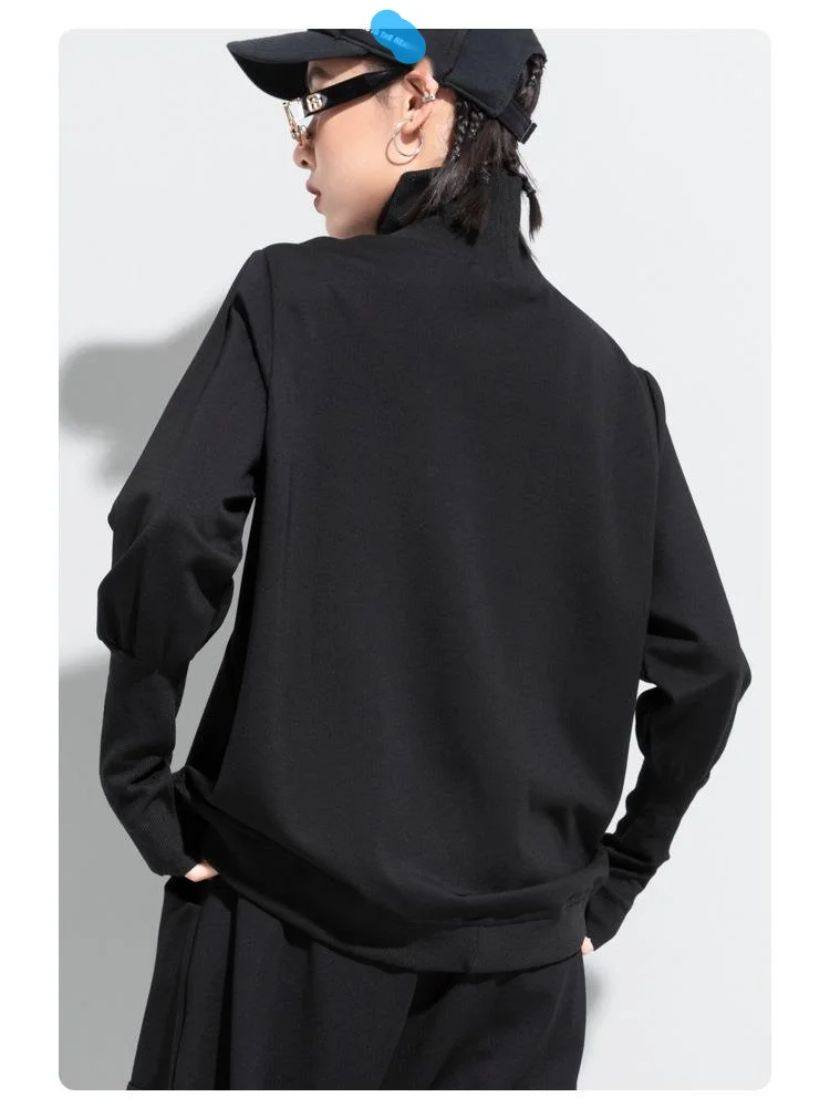 Amaxl UluE European Fashion 2024 Autumn Womens Black Turtleneck Design Tops Ladies Punk Casual Tee Shirts Loose Cotton Clothes