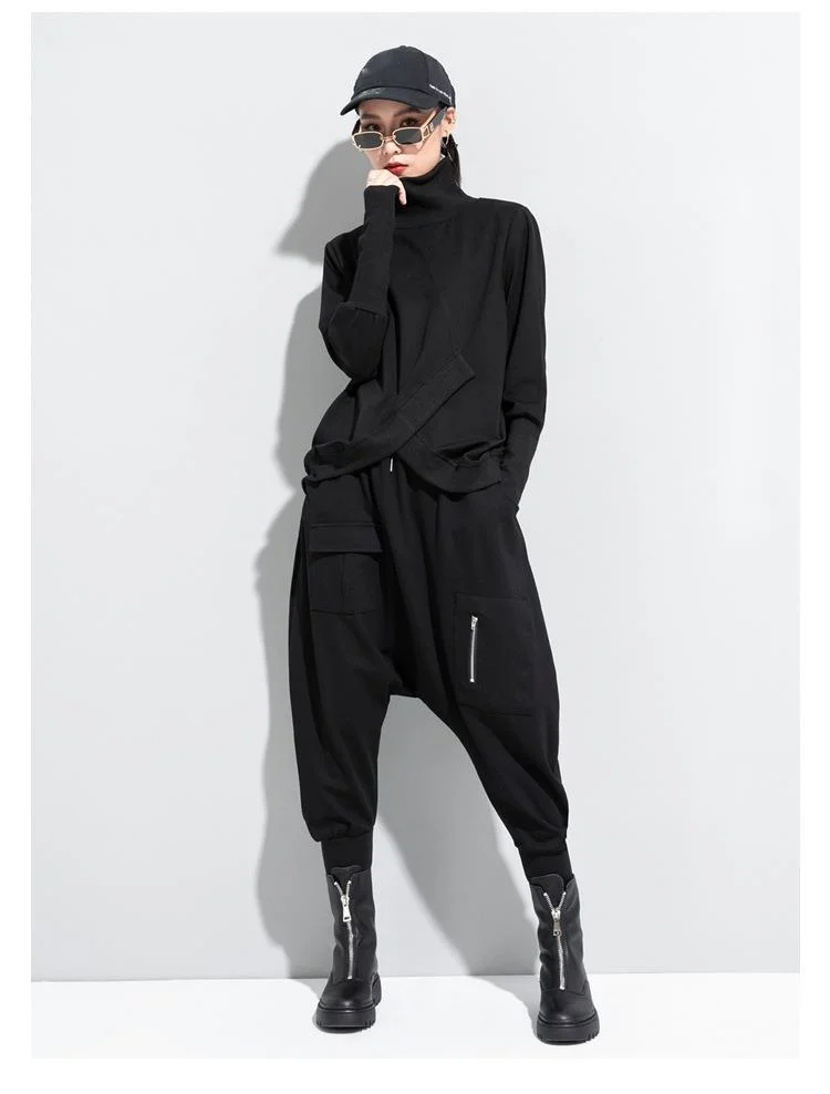 Amaxl UluE European Fashion 2024 Autumn Womens Black Turtleneck Design Tops Ladies Punk Casual Tee Shirts Loose Cotton Clothes