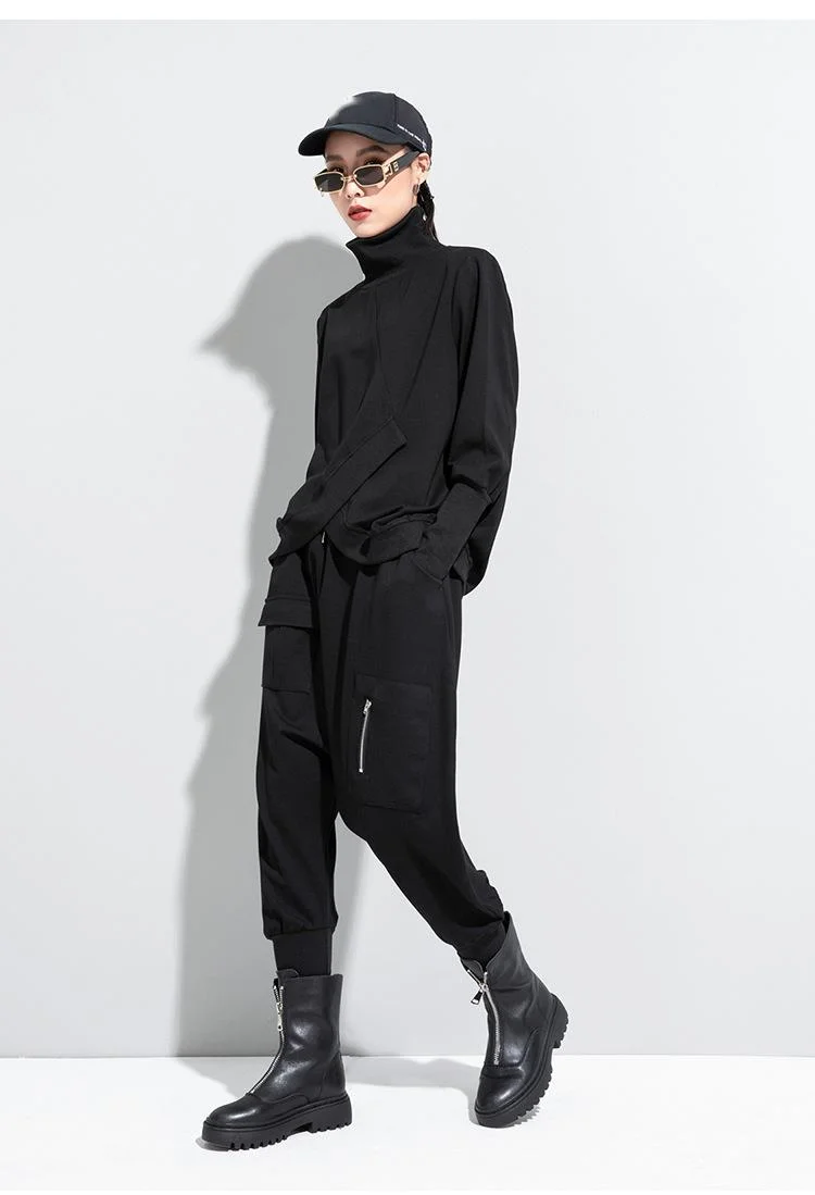 Amaxl UluE European Fashion 2024 Autumn Womens Black Turtleneck Design Tops Ladies Punk Casual Tee Shirts Loose Cotton Clothes
