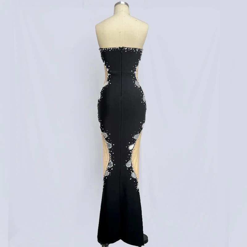 Factory Wholesale Women's 2024 Black Strapless Diamond Mesh Yarn Sexy Celebrity Cocktail Party Bandage Long Dress