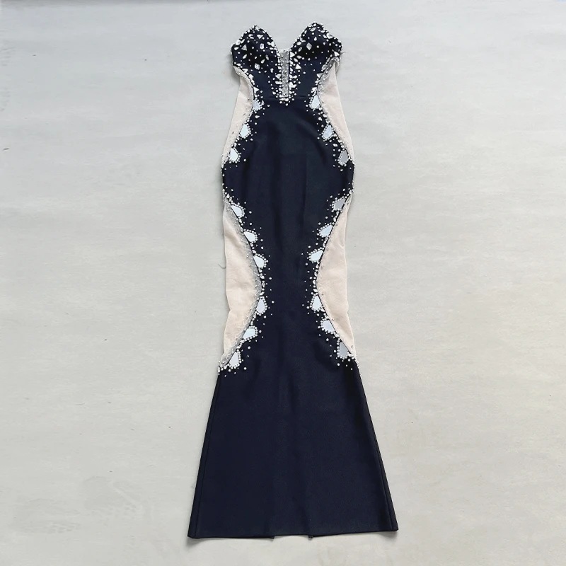Factory Wholesale Women's 2024 Black Strapless Diamond Mesh Yarn Sexy Celebrity Cocktail Party Bandage Long Dress