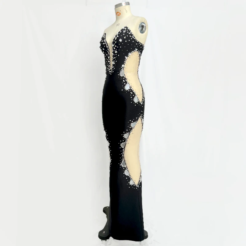 Factory Wholesale Women's 2024 Black Strapless Diamond Mesh Yarn Sexy Celebrity Cocktail Party Bandage Long Dress