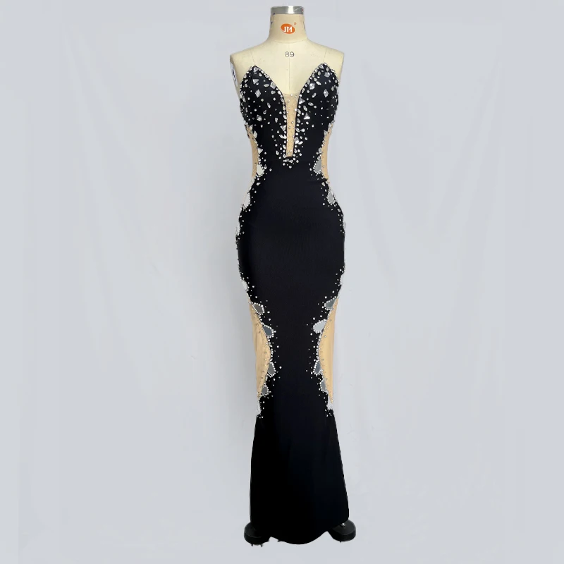 Factory Wholesale Women's 2024 Black Strapless Diamond Mesh Yarn Sexy Celebrity Cocktail Party Bandage Long Dress