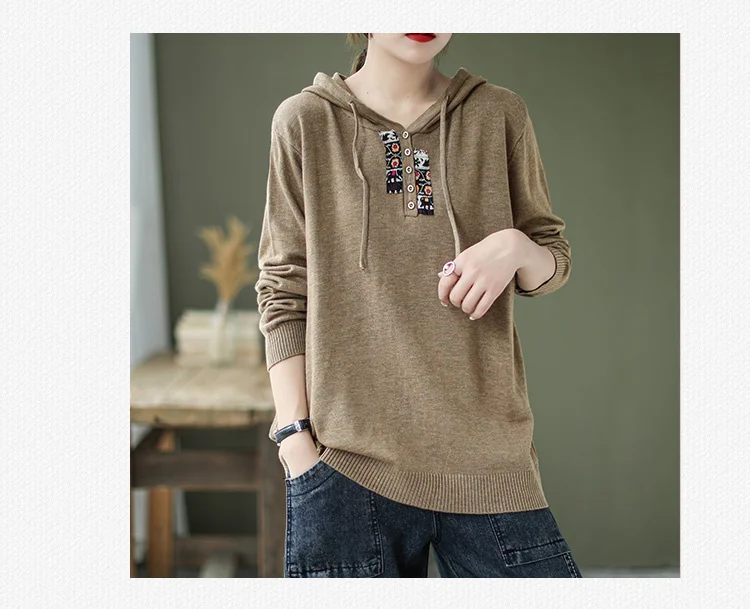 Amax luluE 2025 Hooded Pullovers Women Loose Japan Style Buttons Knitted Sweater Vintage Female New Autumn Fashion Retro Jumpers