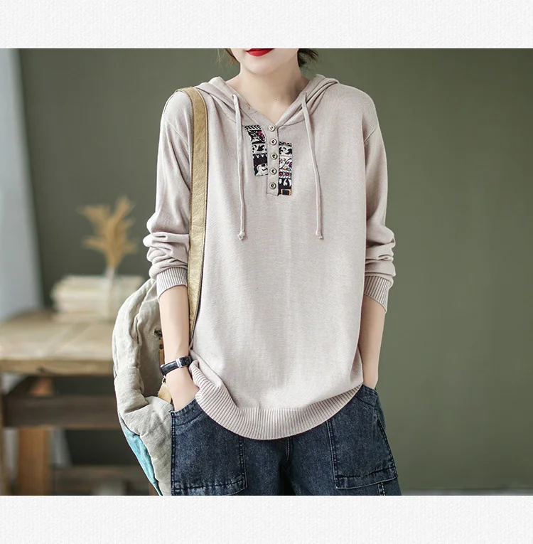 Amax luluE 2025 Hooded Pullovers Women Loose Japan Style Buttons Knitted Sweater Vintage Female New Autumn Fashion Retro Jumpers