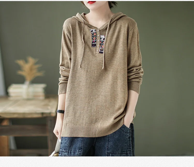Amax luluE 2025 Hooded Pullovers Women Loose Japan Style Buttons Knitted Sweater Vintage Female New Autumn Fashion Retro Jumpers