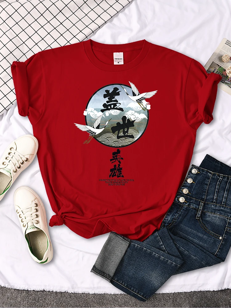 Crane Japanese Style Women T Shirt Summer Fashion Tops Chinese Letters Tee Shirts Anime Slim Top Classic Loose Female T Shirts
