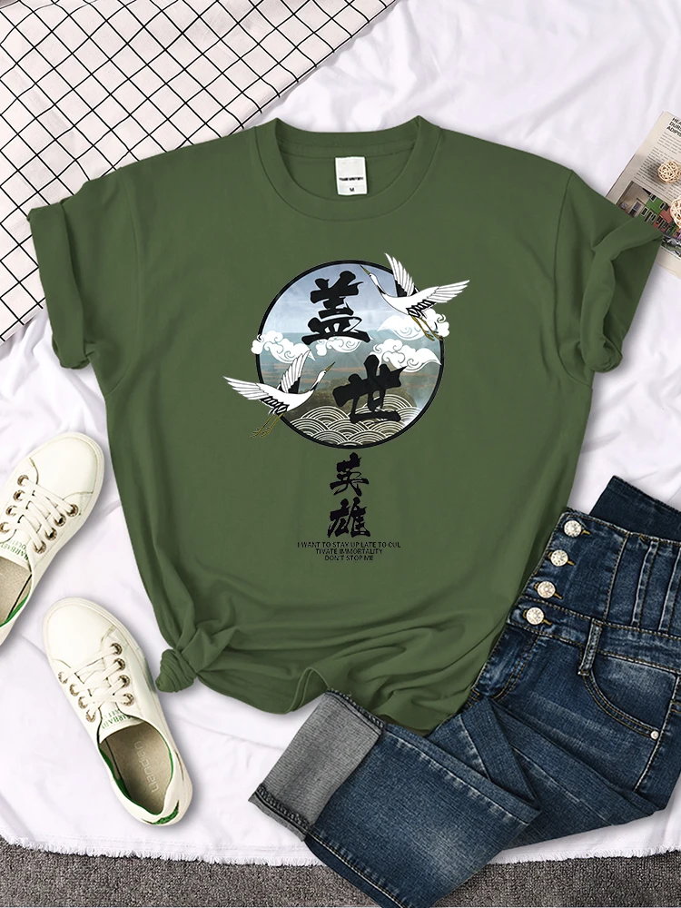 Crane Japanese Style Women T Shirt Summer Fashion Tops Chinese Letters Tee Shirts Anime Slim Top Classic Loose Female T Shirts