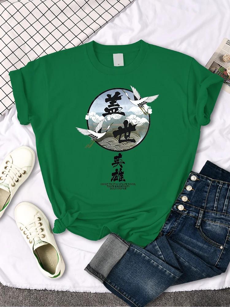Crane Japanese Style Women T Shirt Summer Fashion Tops Chinese Letters Tee Shirts Anime Slim Top Classic Loose Female T Shirts