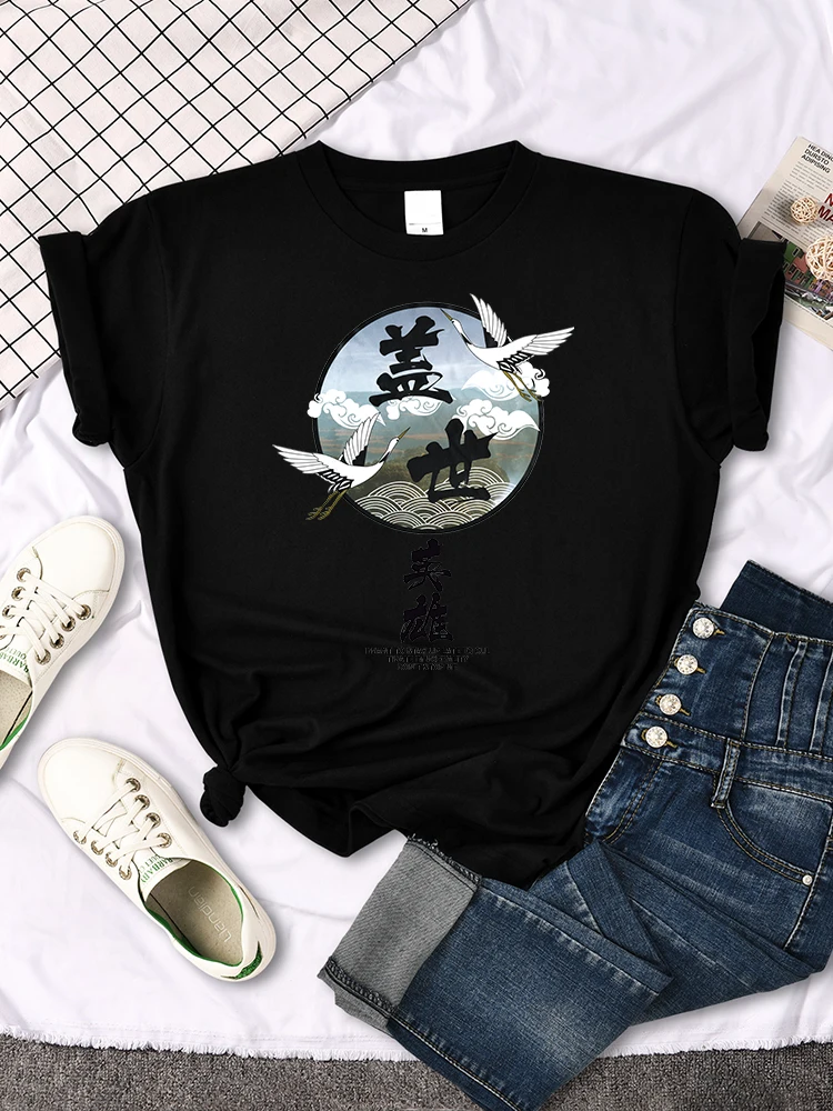 Crane Japanese Style Women T Shirt Summer Fashion Tops Chinese Letters Tee Shirts Anime Slim Top Classic Loose Female T Shirts