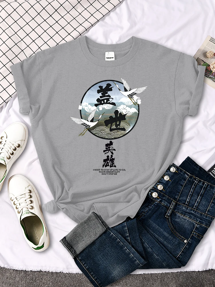 Crane Japanese Style Women T Shirt Summer Fashion Tops Chinese Letters Tee Shirts Anime Slim Top Classic Loose Female T Shirts