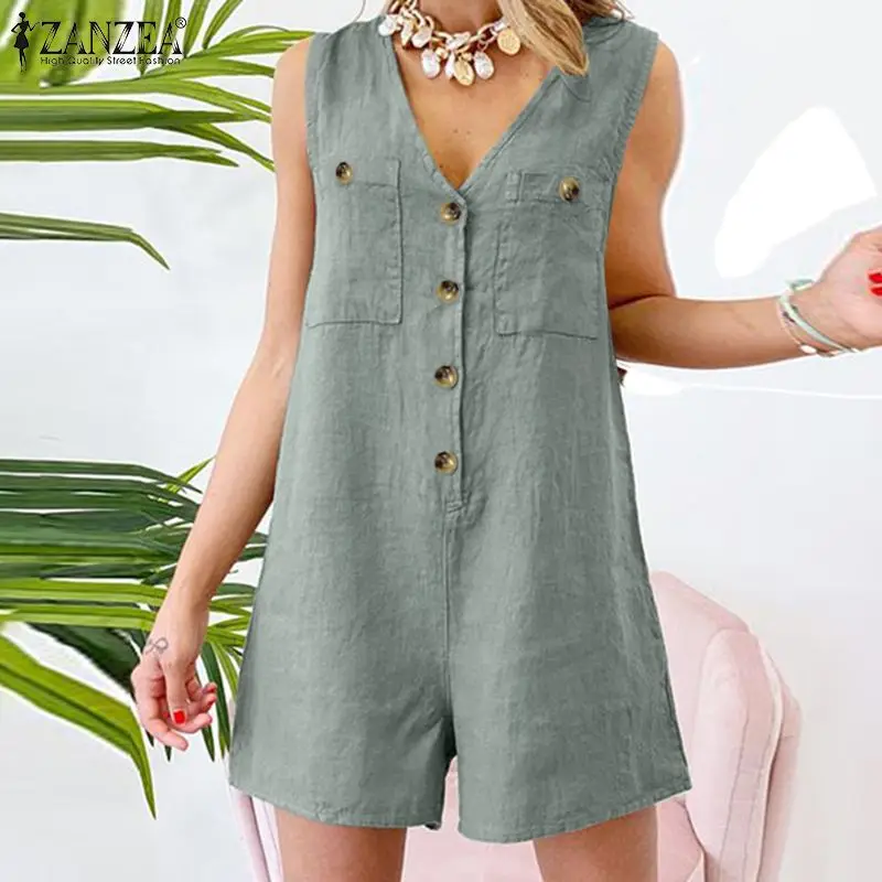 Stylish Women V Neck Sleeveless Rompers 2023 ZANZEA Summer Jumpsuits Short Playsuits Casual Solid Loose Beach Overalls Oversized