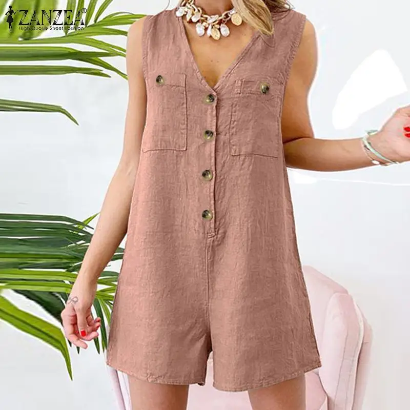 Stylish Women V Neck Sleeveless Rompers 2023 ZANZEA Summer Jumpsuits Short Playsuits Casual Solid Loose Beach Overalls Oversized
