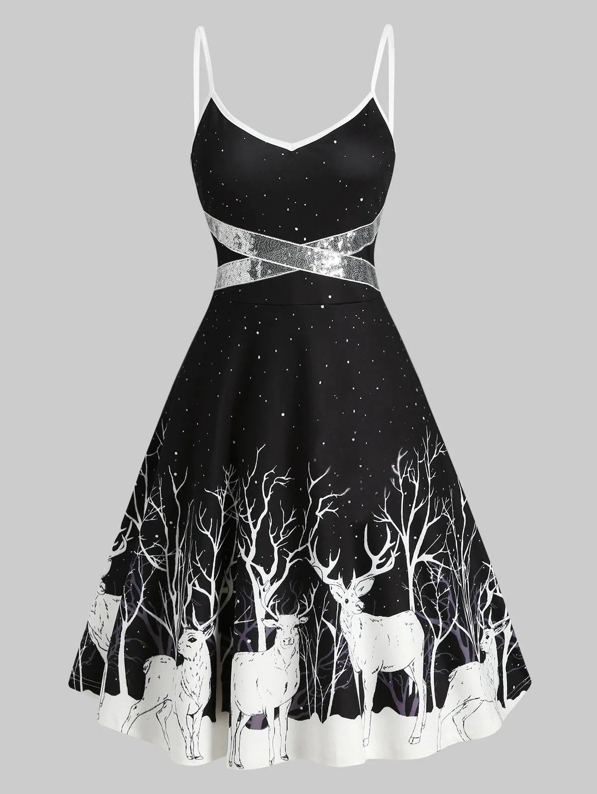 Women's Dress Christmas Floral Print Cold Shoulder Flounce Trim Elegant Dresses For New Year Sexy Plus Size s-3xl Elk Deer